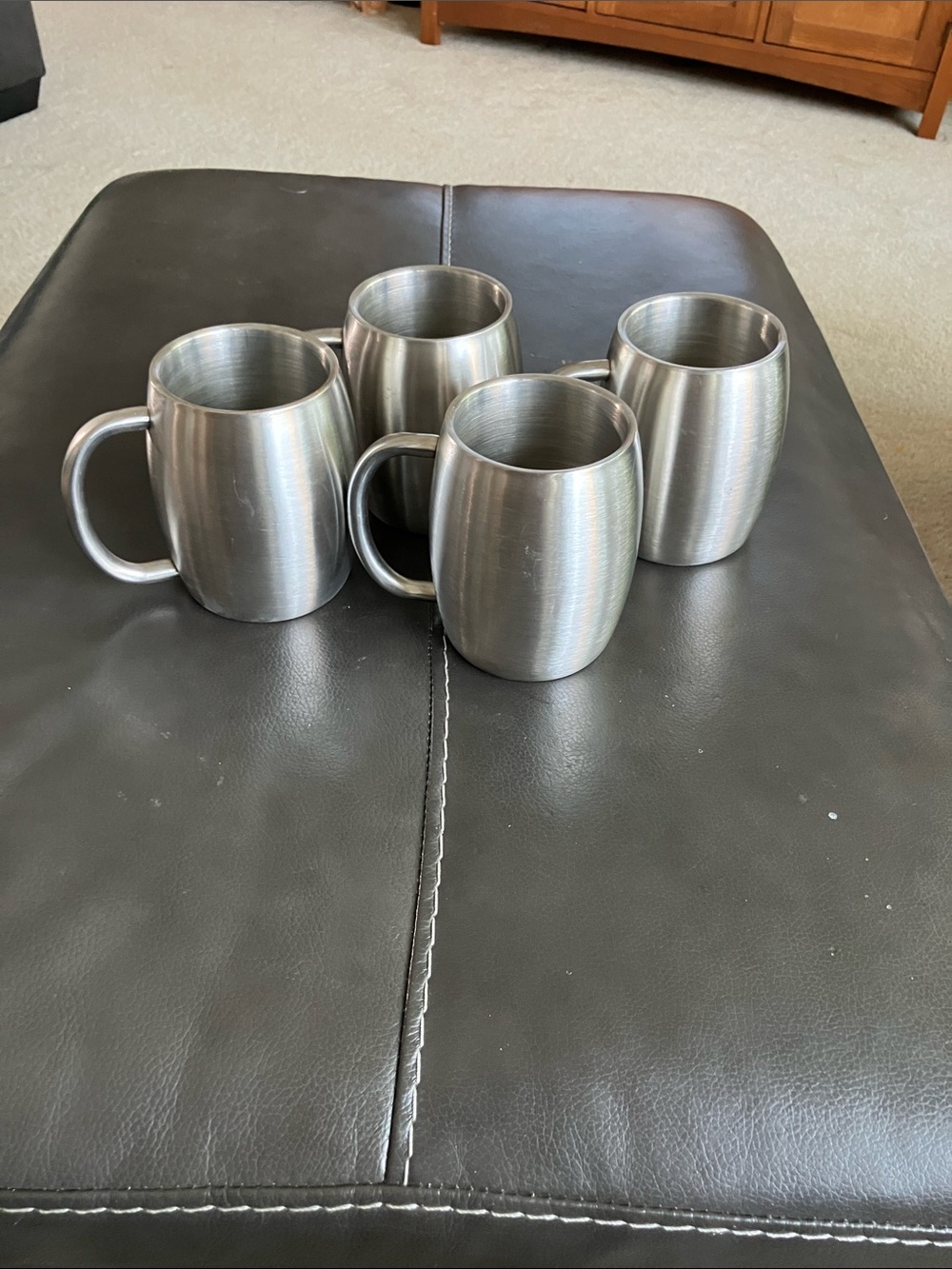 4 Stainless Double Wall Beverage Coffee Cup Mug Handles Brushed Finish 12 oz